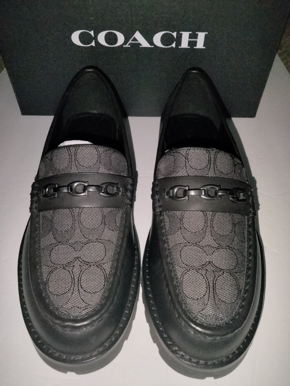 Coach (Sz 8.5D) Men's Black Brooks Signature Jacquard Canvas Chain-Trim Loafers